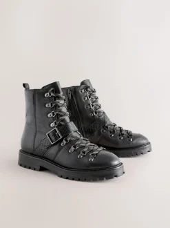 Black Leather Forever Comfort® Buckle Trim Lace Up Boots
