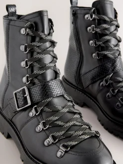 Black Leather Forever Comfort® Buckle Trim Lace Up Boots