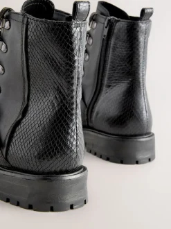 Black Leather Forever Comfort® Buckle Trim Lace Up Boots