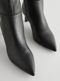 Black Leather Knee High Skinny Heeled Boots