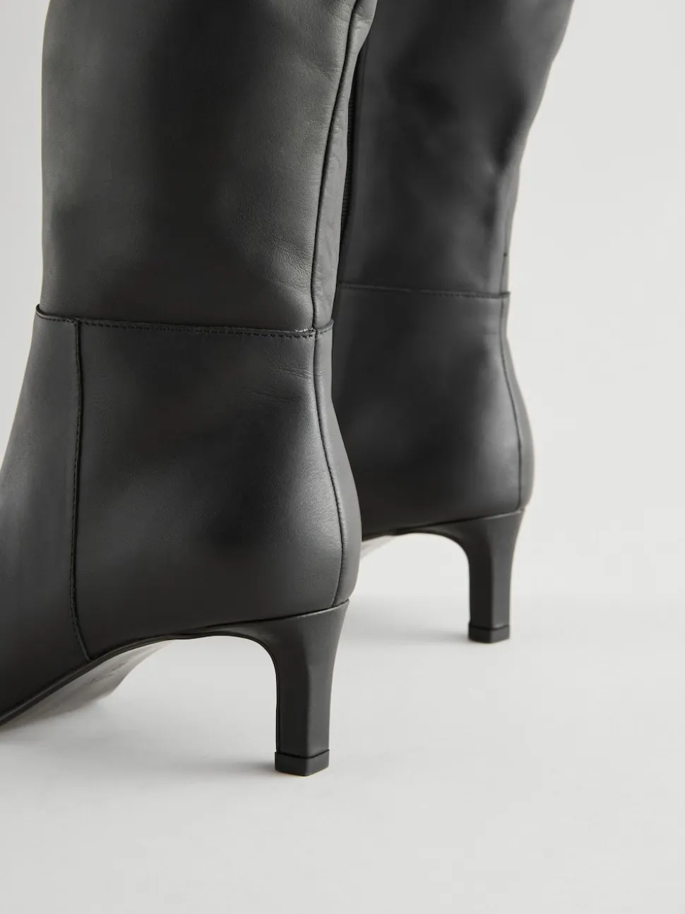 Black Leather Knee High Skinny Heeled Boots