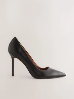 Black Leather Point Toe Court Shoes