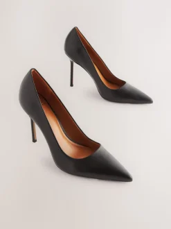 Black Leather Point Toe Court Shoes