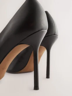 Black Leather Point Toe Court Shoes