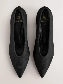 Black Leather Point Toe Low Block Heels Shoes