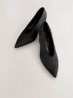 Black Leather Point Toe Low Block Heels Shoes