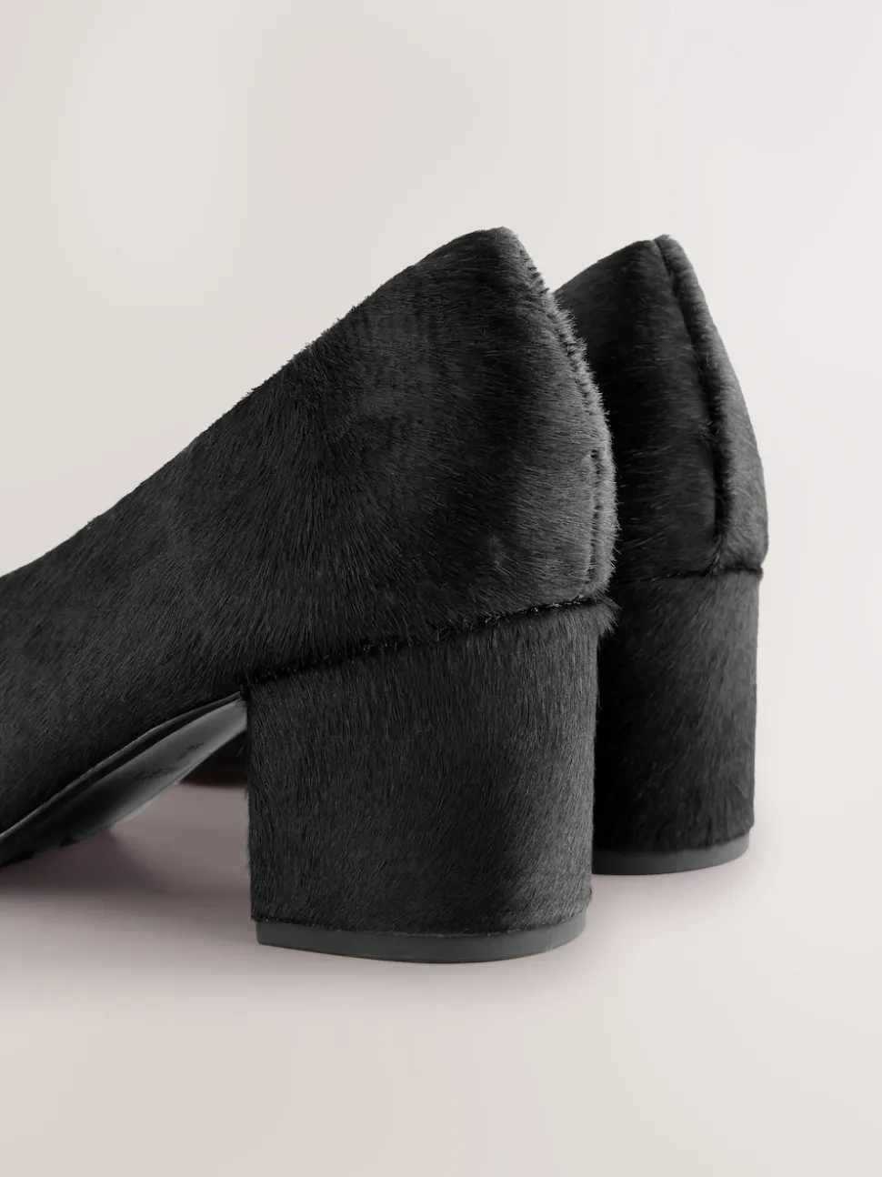 Black Leather Point Toe Low Block Heels Shoes