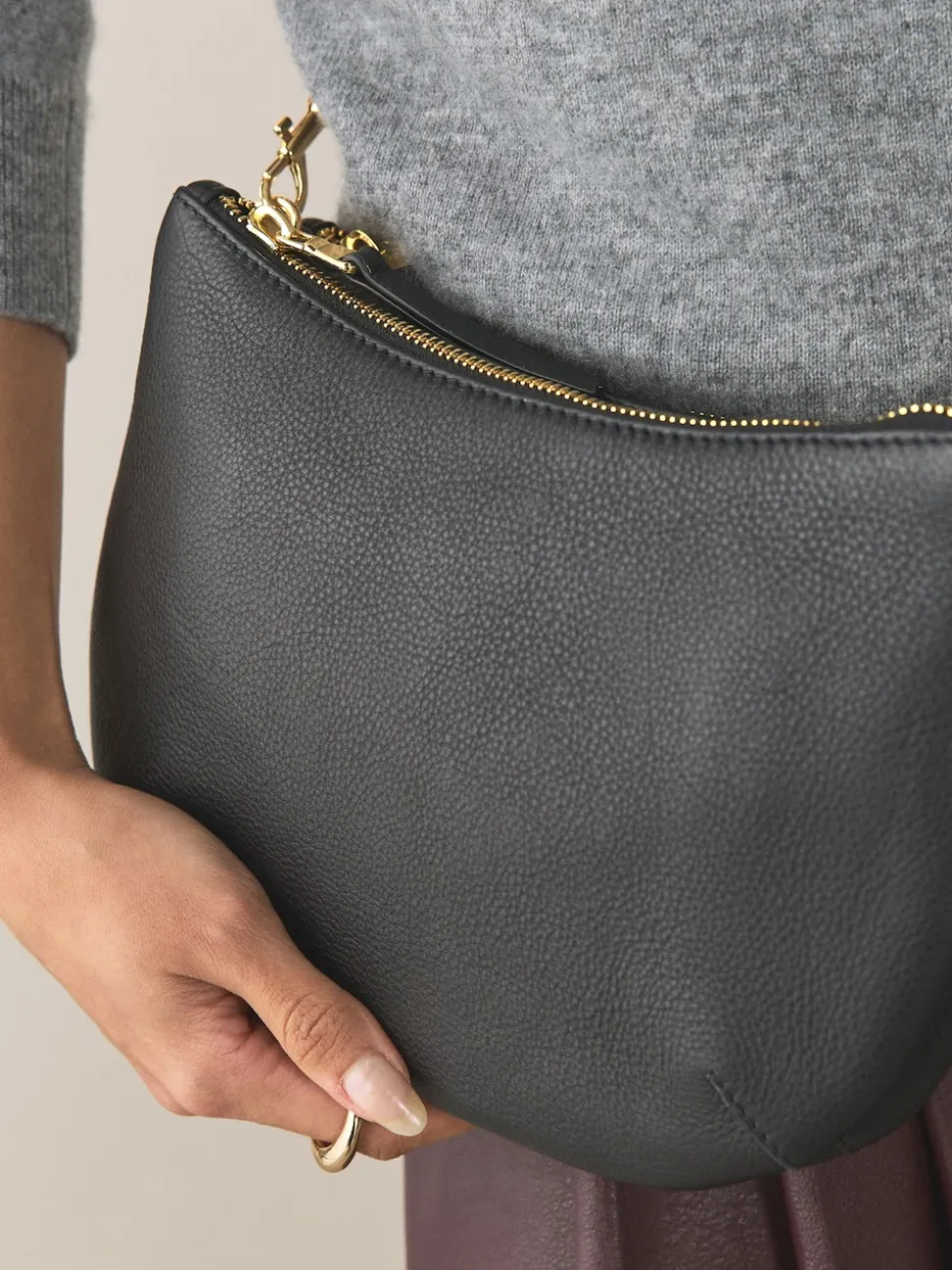Black Leather Scoop Cross-Body Bag