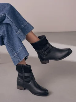 Black Leather Standard/Wide Fit Leather Slouch Ankle Boots