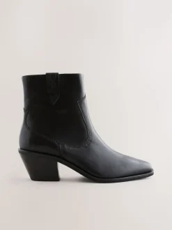 Black Leather Standard/Wide Fit Cowboy Block Heel Ankle Boots