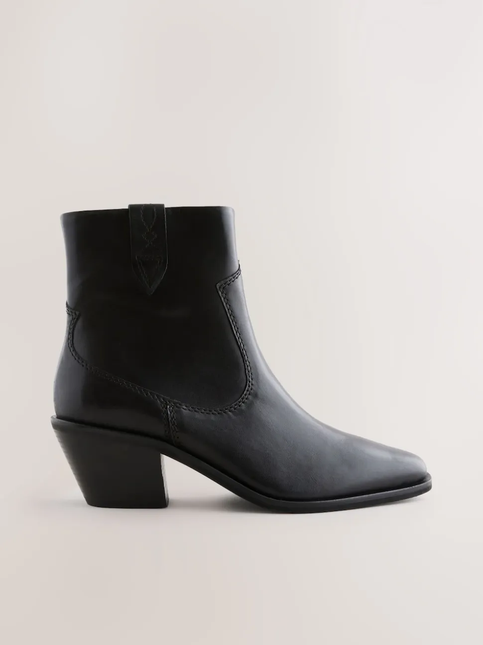 Black Leather Standard/Wide Fit Cowboy Block Heel Ankle Boots