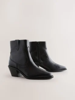 Black Leather Standard/Wide Fit Cowboy Block Heel Ankle Boots