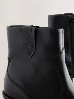 Black Leather Standard/Wide Fit Cowboy Block Heel Ankle Boots