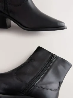 Black Leather Standard/Wide Fit Cowboy Block Heel Ankle Boots