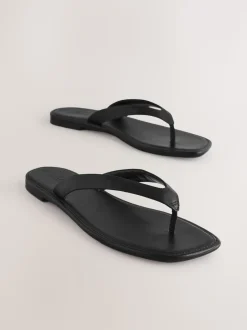Black Leather Standard/Wide Fit Square Toe Thong Sandals