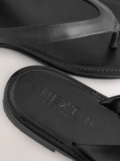 Black Leather Standard/Wide Fit Square Toe Thong Sandals