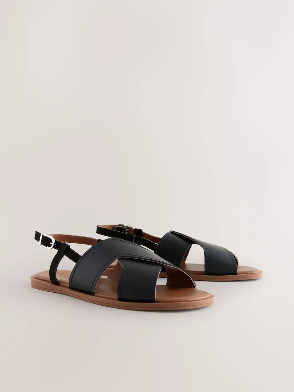 Black Leather Standard/Wide Fit Stitched Slingback Sandals