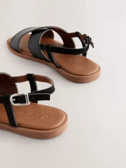 Black Leather Standard/Wide Fit Stitched Slingback Sandals