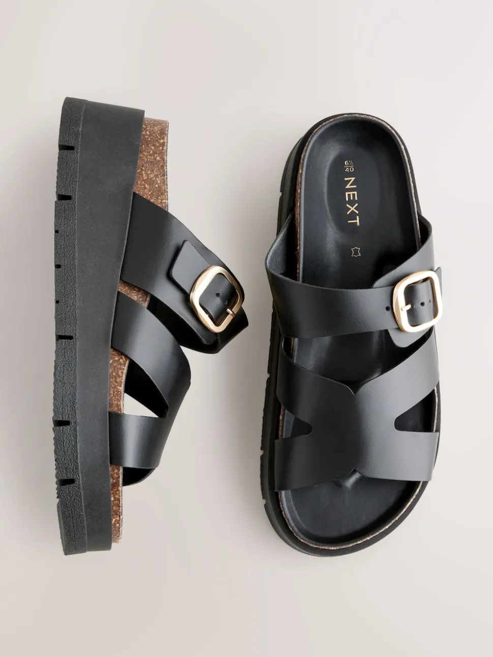 Black Leather Strap Buckle Detail Sandals