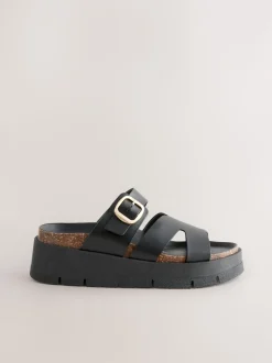Black Leather Strap Buckle Detail Sandals
