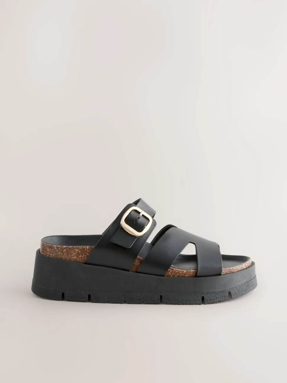 Black Leather Strap Buckle Detail Sandals