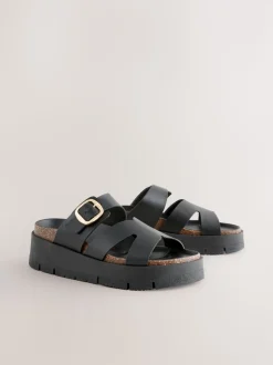 Black Leather Strap Buckle Detail Sandals