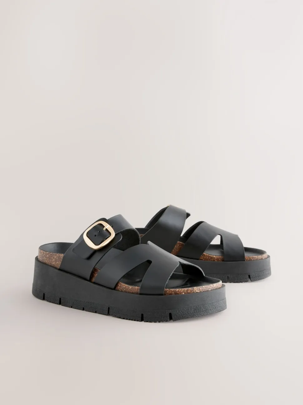 Black Leather Strap Buckle Detail Sandals