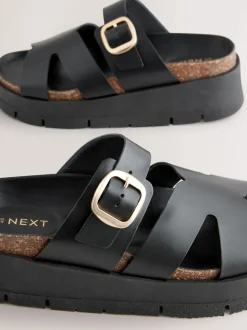 Black Leather Strap Buckle Detail Sandals