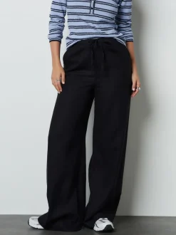 Black Linen Blend Wide Leg Trousers