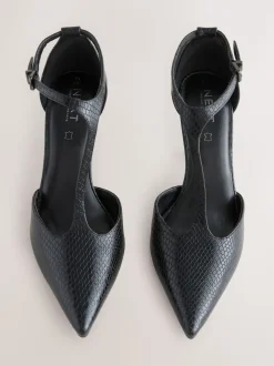Black Lizard Effect Leather T-Bar Pointed Toe Heels