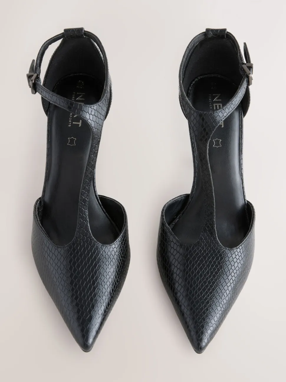 Black Lizard Effect Leather T-Bar Pointed Toe Heels
