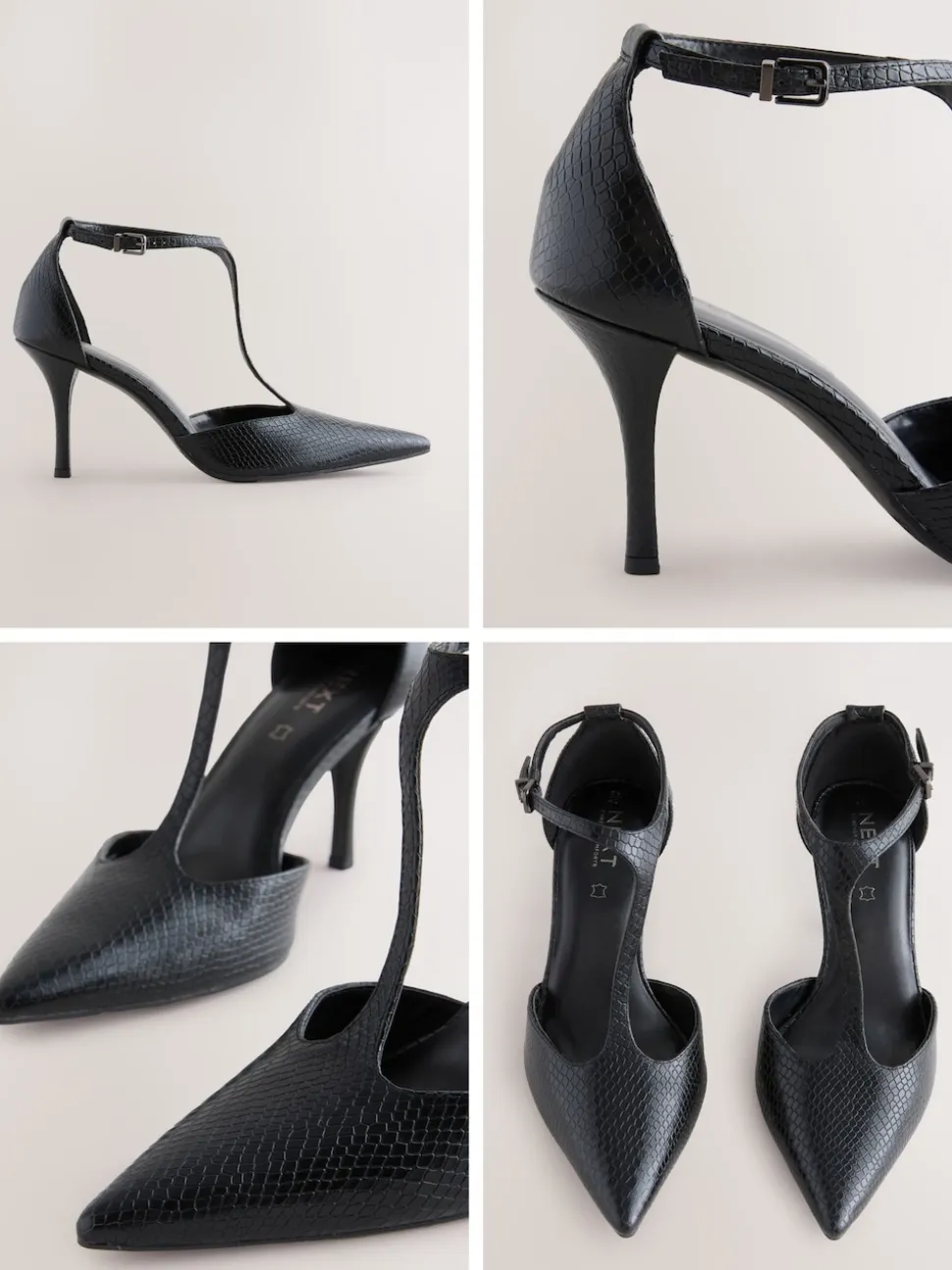 Black Lizard Effect Leather T-Bar Pointed Toe Heels