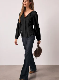 Black Long Sleeve Boatneck Textured Button-Front Blouse