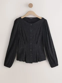 Black Long Sleeve Boatneck Textured Button-Front Blouse