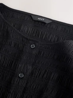 Black Long Sleeve Boatneck Textured Button-Front Blouse