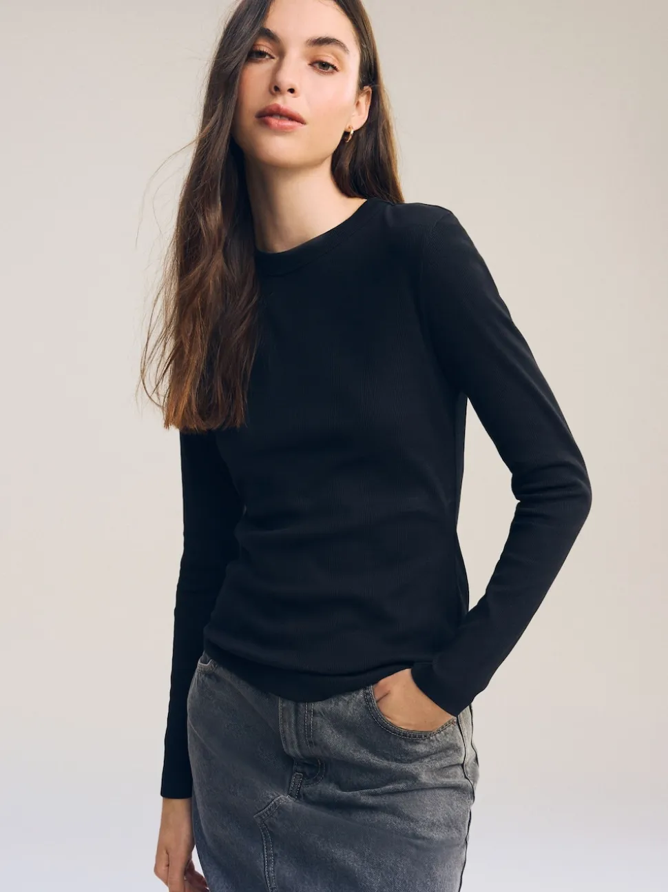 Black Long Sleeve Ribbed Crew Neck Top