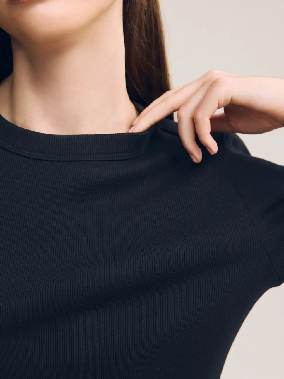 Black Long Sleeve Ribbed Crew Neck Top