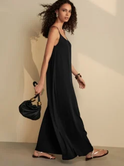 Black Maxi Length Trapeze Shape Ruched Neckline Thin Vest Strap Dress
