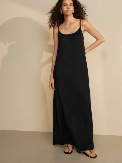Black Maxi Length Trapeze Shape Ruched Neckline Thin Vest Strap Dress
