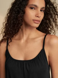 Black Maxi Length Trapeze Shape Ruched Neckline Thin Vest Strap Dress