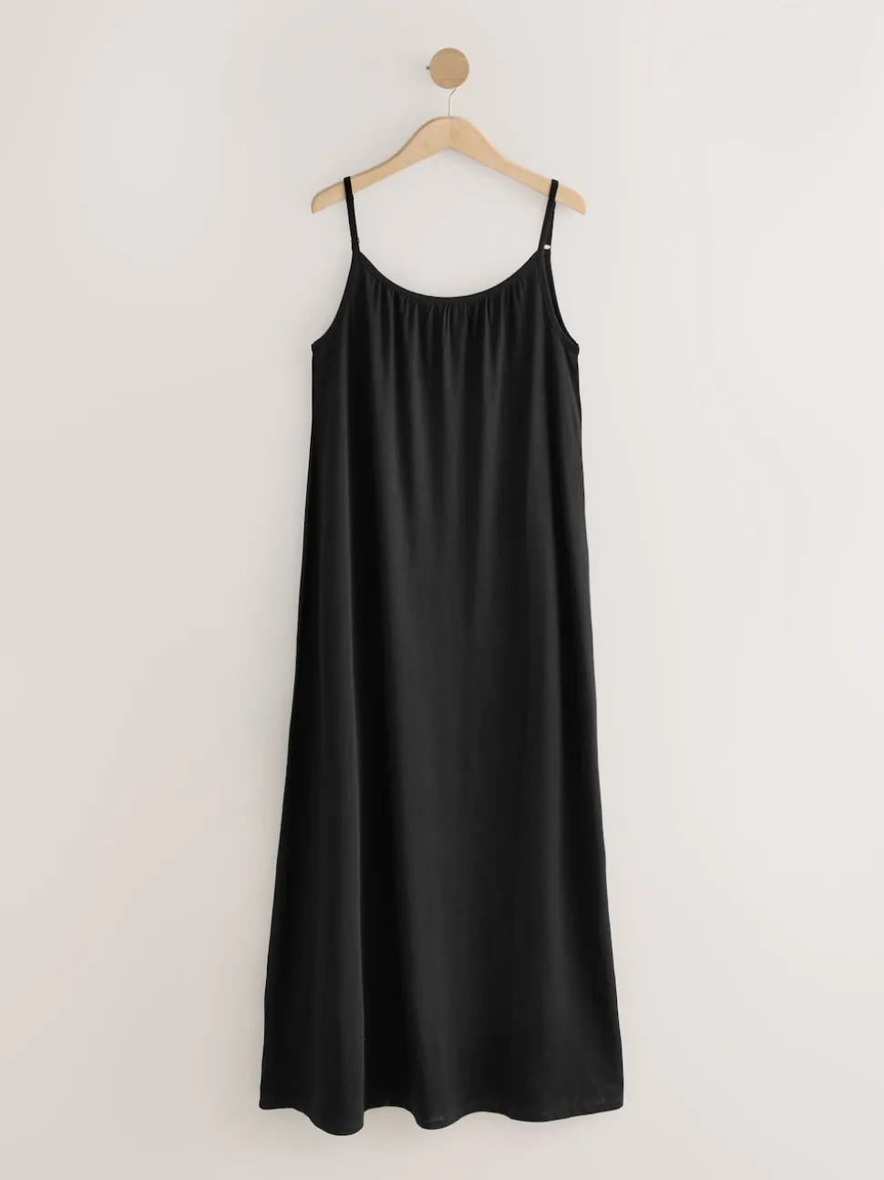 Black Maxi Length Trapeze Shape Ruched Neckline Thin Vest Strap Dress