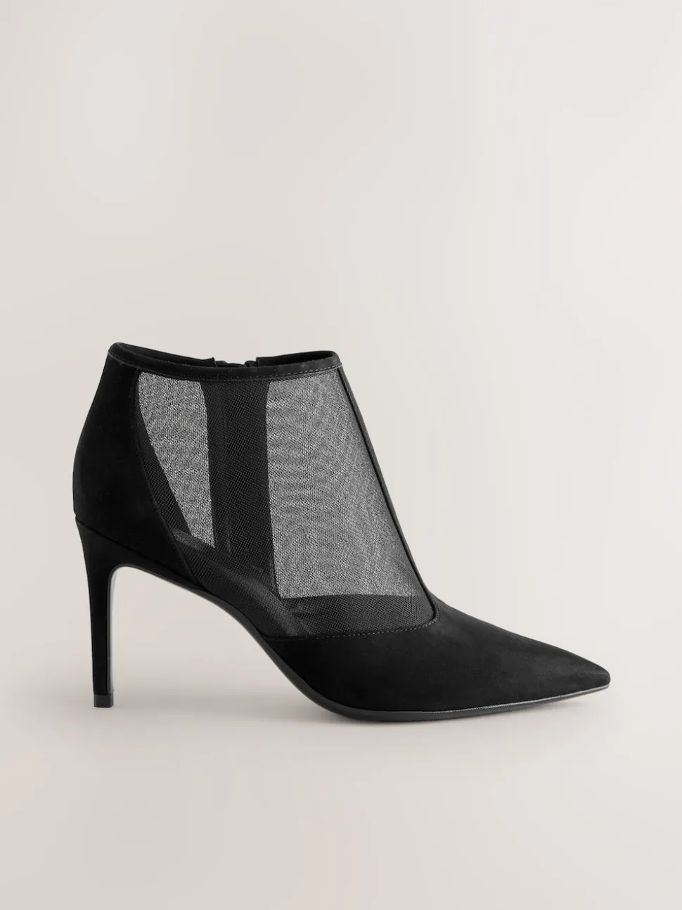 Black Mesh Detail Pointed Toe T-Bar Ankle Boots
