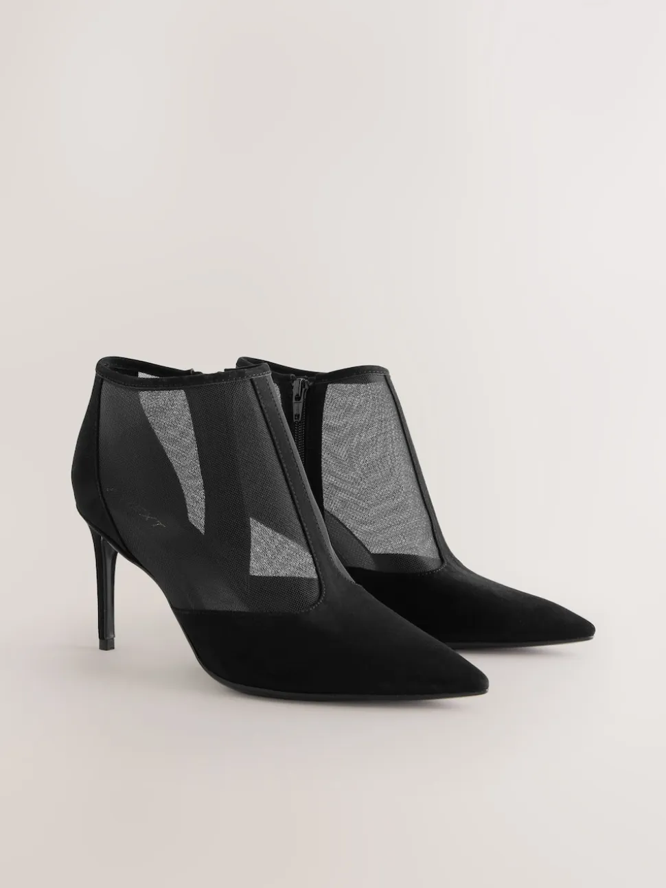 Black Mesh Detail Pointed Toe T-Bar Ankle Boots
