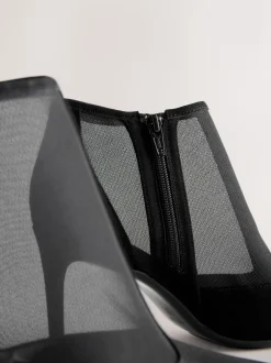 Black Mesh Detail Pointed Toe T-Bar Ankle Boots
