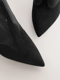 Black Mesh Detail Pointed Toe T-Bar Ankle Boots