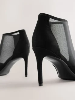 Black Mesh Detail Pointed Toe T-Bar Ankle Boots