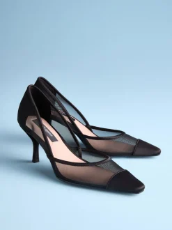 Black Mesh Tabitha Simmons x Next Mary Grace Leather Chisel Toe Court Heels