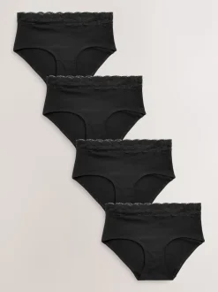 Black Midi Cotton Lace Knickers 4 Pack