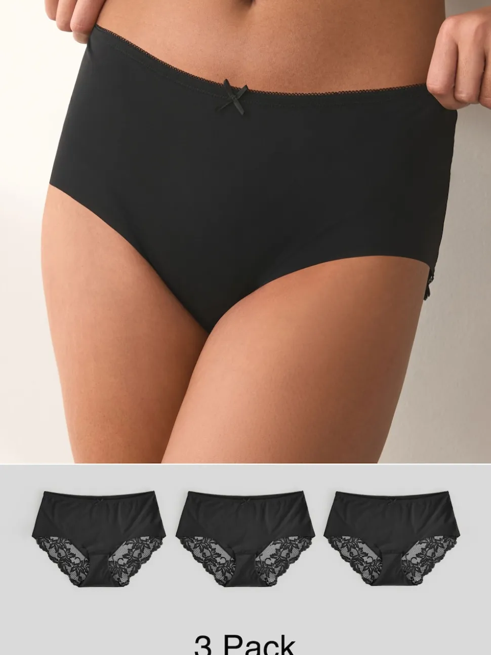 Black Midi No VPL Lace Back Briefs 3 Pack