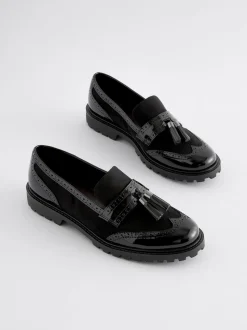 Black Mix Standard/Wide Fit Tassel Detail Cleated Chunky Loafer Shoes